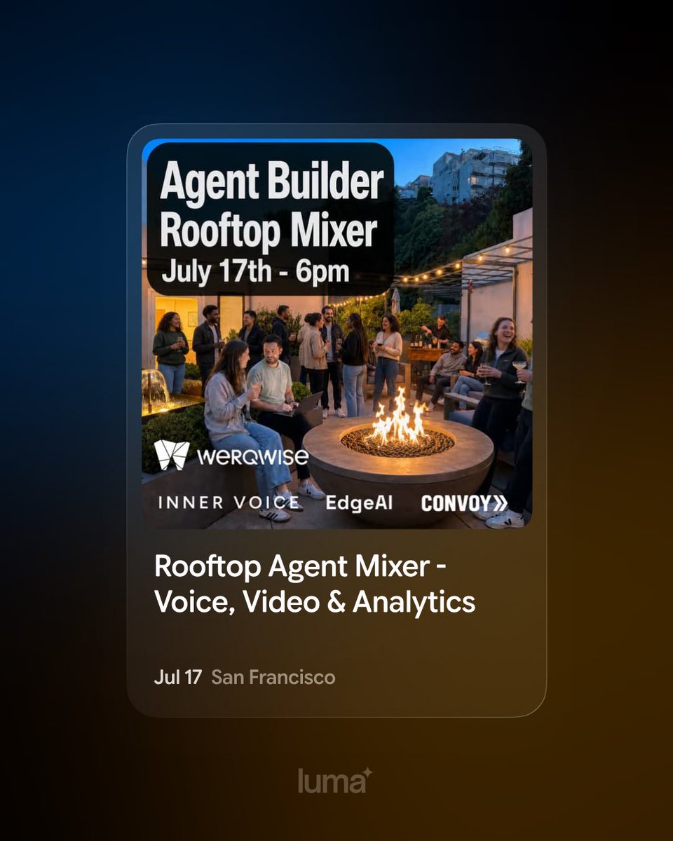 real_liam_mason's tweet photo. Hosting an Agent builder mixer at a rooftop venue in SF July 17th. The focus is on Voice, Video and Analytics agents. There will be views, there will be fire pits, there will be genuine conversations . RSVP link below https://t.co/EpeqiTVWtw
