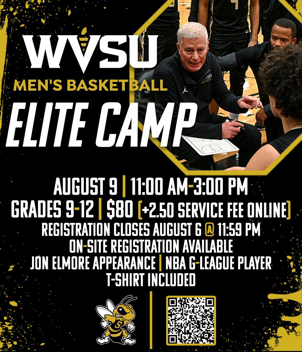 wvsuathletics's tweet photo. M-🏀| Date and time is set for WVSU Men's Basketball Elite Camp! T-shirt included, as well as an appearance from NBA G-League player Jon Elmore! Use the QR code or link provided to register before 11:59 pm on August 6th.
https://t.co/rR00T3JPqb
#GoState 🐝 https://t.co/MV4NWkMZRQ