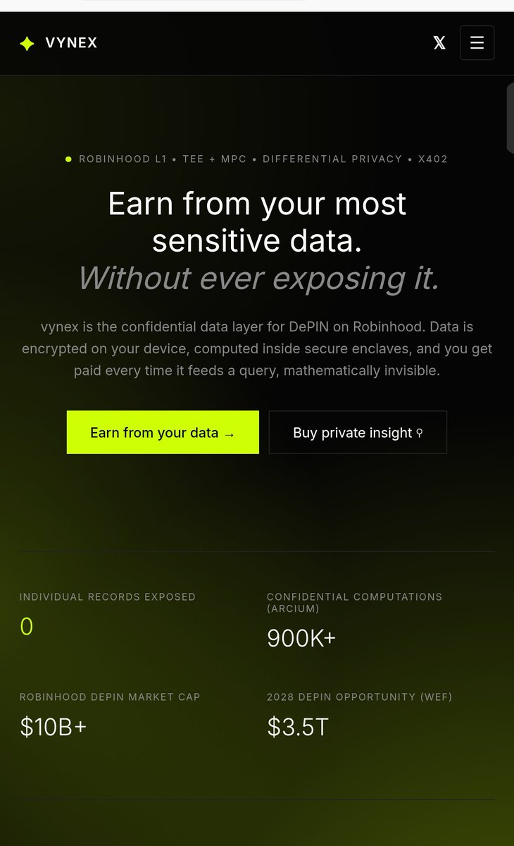 VynexHoodNET's tweet photo. We’re about to change the game on @RobinhoodApp 

https://t.co/xcs0bTt4rT is live.

Connect a device, set consent, and earn VEIL + USDC passively as your encrypted health and mobility data feeds confidential queries. Buyers access aggregate results with full differential privacy and attestation proofs: no raw data, ever.

Six roles. Three products. Individual records exposed: 0.

Robinhood L1. TEE + MPC. Differential Privacy. x402.

we’re launching soon…