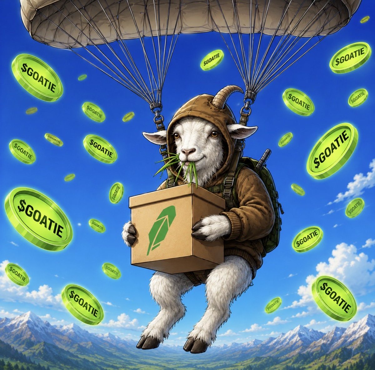 iamheci's tweet photo. Hey frens, $GOATIE is sending love on the Robinhood chain 🐐

Hood on. Horns out.

Reply with your wallet + RT this 

Dropping $GOATIE to the first wave of real ones 

Don’t sleep on the goat 💚 https://t.co/cLWvmgBA8a