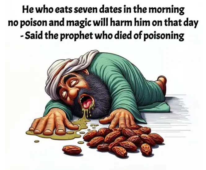 Mojo1968's tweet photo. As usual they dont answer the question.

Islamic primary sources record that Muhammad died from the lingering effects of poison administered at Khaybar. According to Sahih al-Bukhari and other hadith collections, a Jewish woman named Zaynab bint al-Harith (whose husband, father, and relatives had been killed during the Muslim conquest of Khaybar) prepared a poisoned roasted sheep. Muhammad ate from it, spat out a piece after sensing the poison, but suffered ongoing pain. In his final illness in 632 CE he reportedly said his aorta was being severed — echoing the Quranic warning in 69:44-46 that God would cut the aorta of a false prophet. He died three to four years after the poisoning incident. 

Should of had his dates.