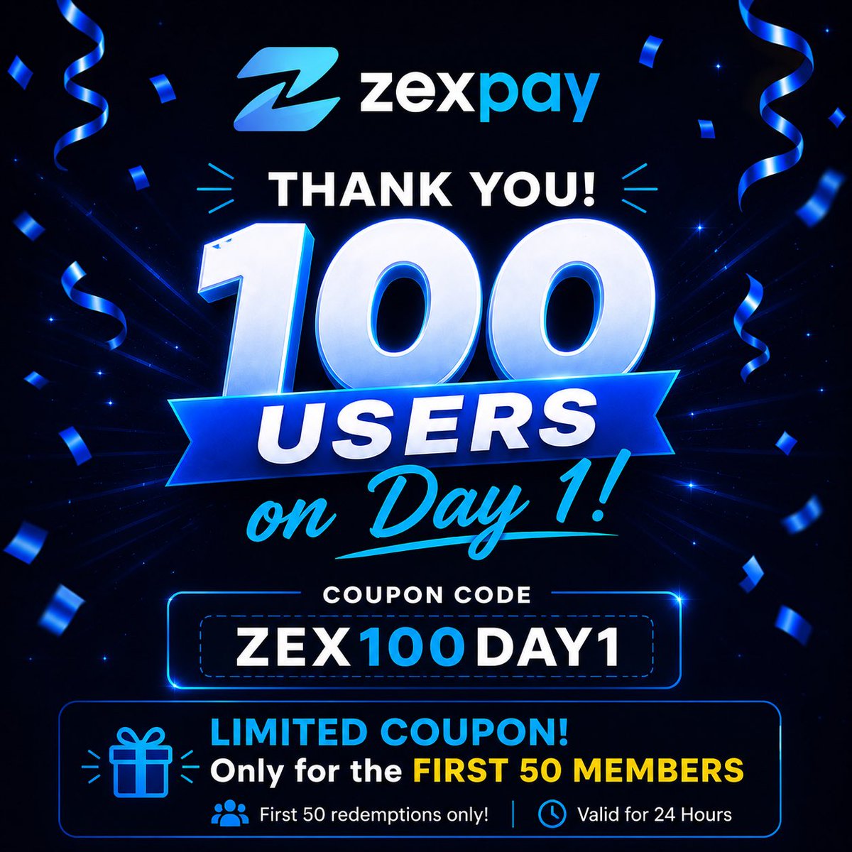 zexpayofficial's tweet photo. 🎉 100 users on Day 1! Thank you for the incredible support. 💙

🎁 Celebration Coupon: ZEX100DAY1
⚡ First 50 members only
⏰ Valid for 24 hours

🌐 https://t.co/D9LUnsne0J

#ZexPay #Crypto #EarnCrypto 🚀 https://t.co/z07JO9NVb9