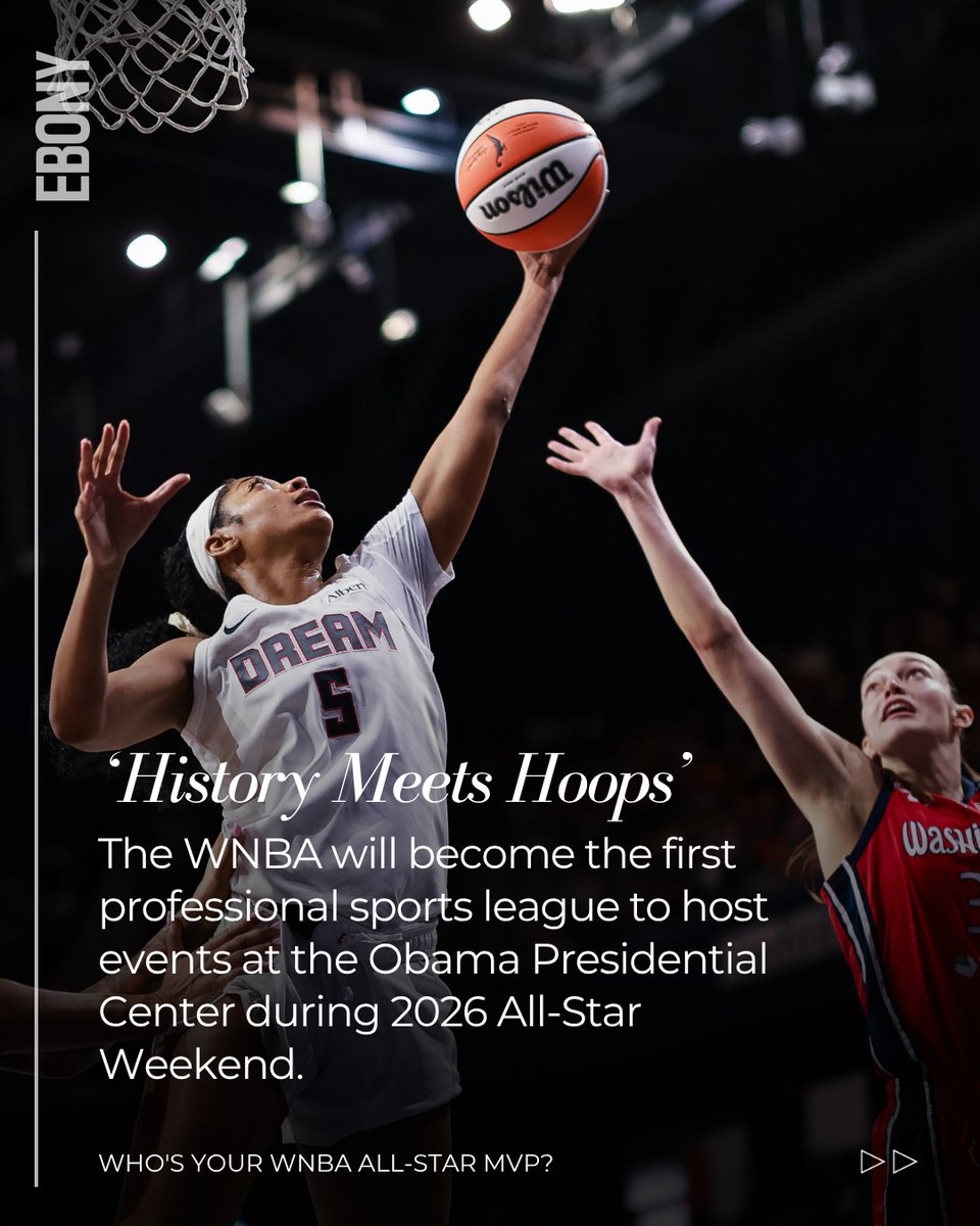 EBONY's tweet photo. Basketball, community, and culture are coming together in one place. 

As part of 2026 @wnba All-Star Weekend, the Obama Presidential Center will host Media Day, All-Star practice, Changemaker Day, and Jr. WNBA programming... bringing players, fans, and the next generation together in the heart of Chicago.

It's another milestone for a space designed to inspire leadership, opportunity, and community. 

This All-Star Weekend will be where history meets hoops! 🏀🖤

Will you be there? Tell us, who's your WBNA All-Star MVP? 👇🏾

Credit: @obamafoundation