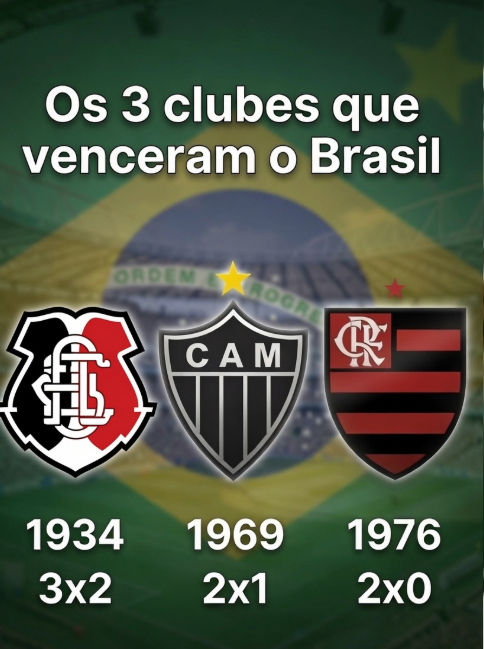 CuriosidadesBRL's tweet photo. Apenas três clubes brasileiros conseguiram derrotar a Seleção Brasileira principal.

🇾🇪 Santa Cruz — 3×2 (1934)
🐔 Atlético-MG — 2×1 (1969)
🔴⚫ Flamengo — 2×0 (1976)

O Santa Cruz foi o primeiro a alcançar o feito. O Atlético venceu a base da Seleção tricampeã de 1970, com Pelé em campo. Já o Flamengo superou o Brasil em um amistoso beneficente no Maracanã.