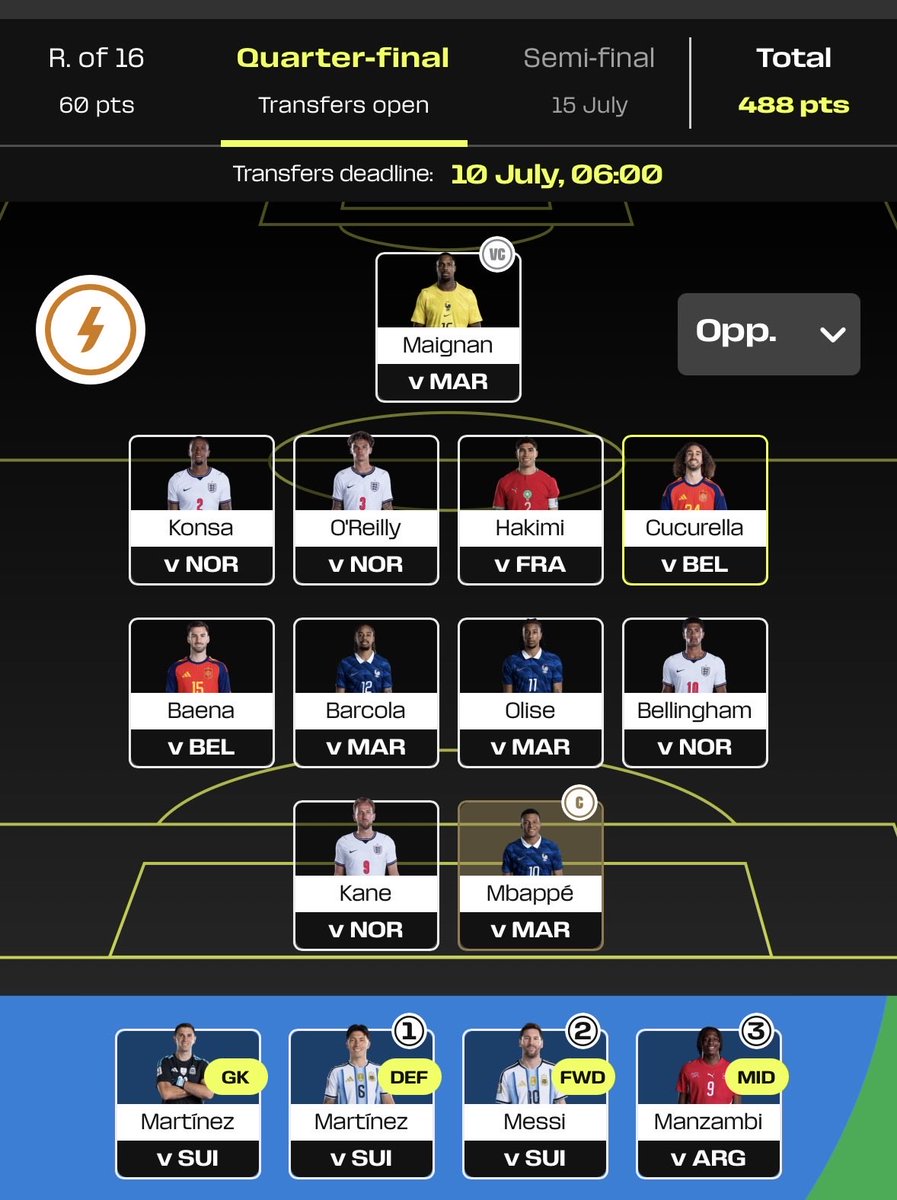 Prime__FPL's tweet photo. Quarter-final🔒#WCFantasy

R16 - 60 points 🫥
Freese ➡️ Maignan  
Dest ➡️ O’Reilly 
Saibari ➡️ Baena 
Pulisic ➡️ Bellingham

#WorldCup #WorldCupFantasy https://t.co/dLa3KCN0C9