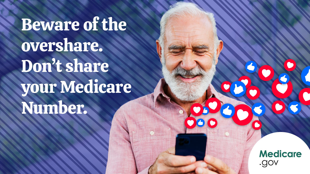 MedicareGov's tweet photo. Beware of the overshare! Scammers sometimes pose as Medicare representatives on social media, over the phone, or via email to try and get your Medicare information, like your Medicare Number. Don’t share it—report scammers at https://t.co/yEi6sbcpv2. https://t.co/MdJbdcc6NS