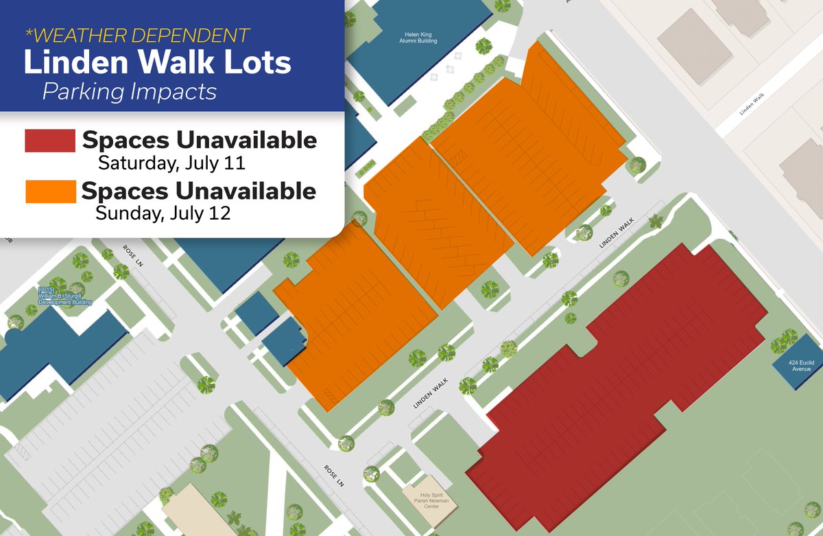 UKParking's tweet photo. 🚧 Parking impacts: The Linden Walk Lot will be closed for painting on Saturday, 7/11 (weather permitting). The Alumni, Career Center &amp; Schmidt lots will also close on Sunday, 7/12. All lots will reopen on Monday, 7/13. Learn more: https://t.co/F7M8lkbwLW https://t.co/dqtN85UjPN