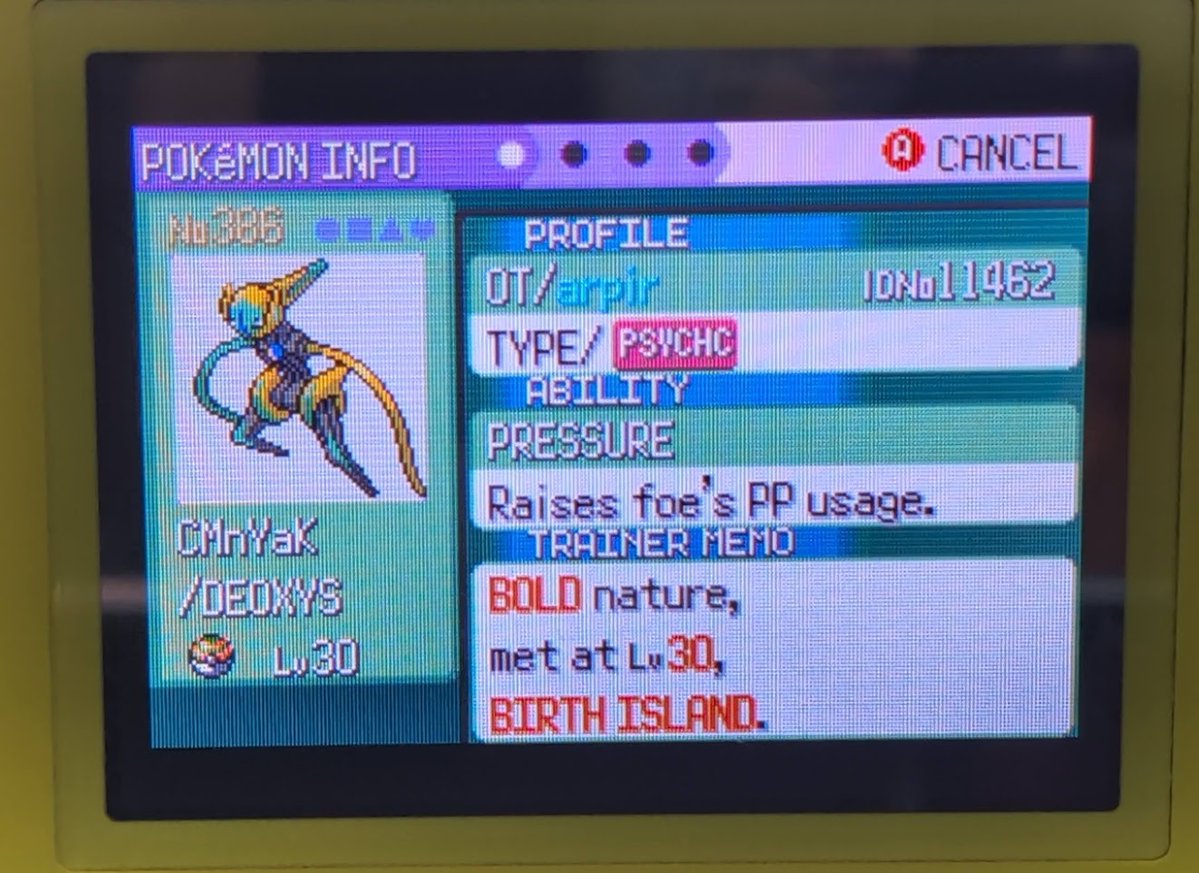 9sSimp's tweet photo. 15.5 months, 520 hours, 37,938 runaways, 1 pokerus, and 1 bachelors degree later... Shiny Deoxys!!!

This single system hunt was by FAR my longest with turtwig and darkrai both finishing after ~220 hours, so I turned animations on and potato recorded to immortalize its arrival! https://t.co/SuhHkft4Zj