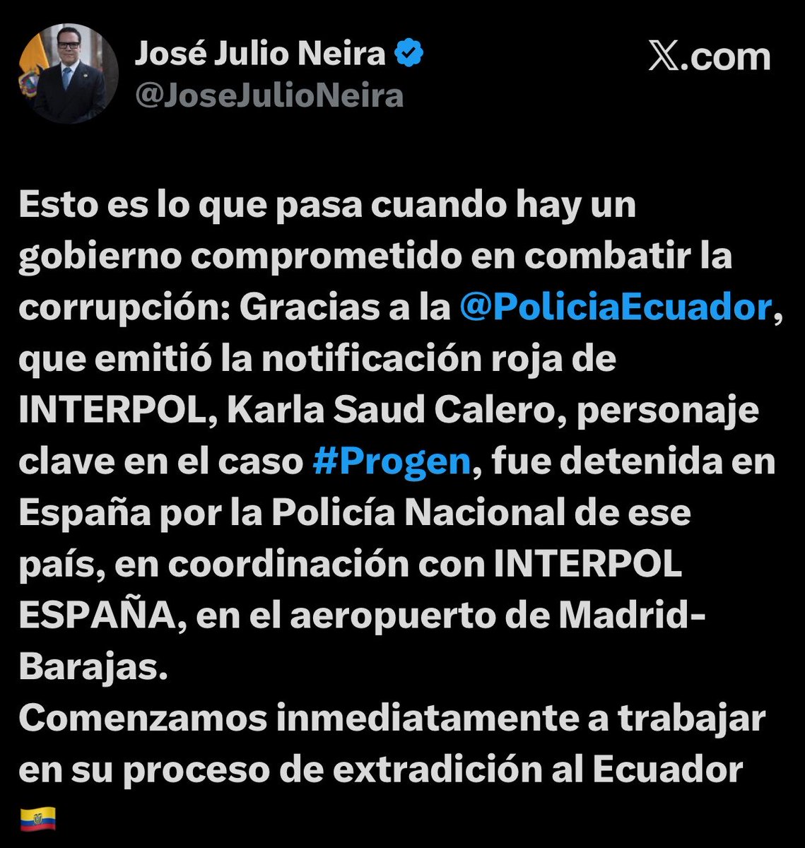 MoniPalaciosZ's tweet photo. ¡Qué eficiente es el Gobierno cuando necesita encontrar un chivo expiatorio!

Ahora José Julio Neira celebra la captura de Karla Saud y asegura que “trabajarán de inmediato en su extradición” para hacernos creer que combaten la corrupción. ¡Qué descaro!

No olvidemos que una investigación periodística reveló los presuntos vínculos de Karla Saud con el propio Neira y con Roberto Luque. Además, expuso una presunta red de influencias alrededor de los contratos de Progen, que le costaron millones al país sin generar ni un solo megavatio.

No engañen a los ecuatorianos. Los responsables políticos de los perjuicios ocasionados por Progen y ATM tienen nombre y apellido: Roberto Luque e Inés Manzano. 

El país no necesita un chivo expiatorio, necesita que respondan quienes aprobaron, supervisaron y permitieron este robo al Estado. La verdad no se tapa con una captura.