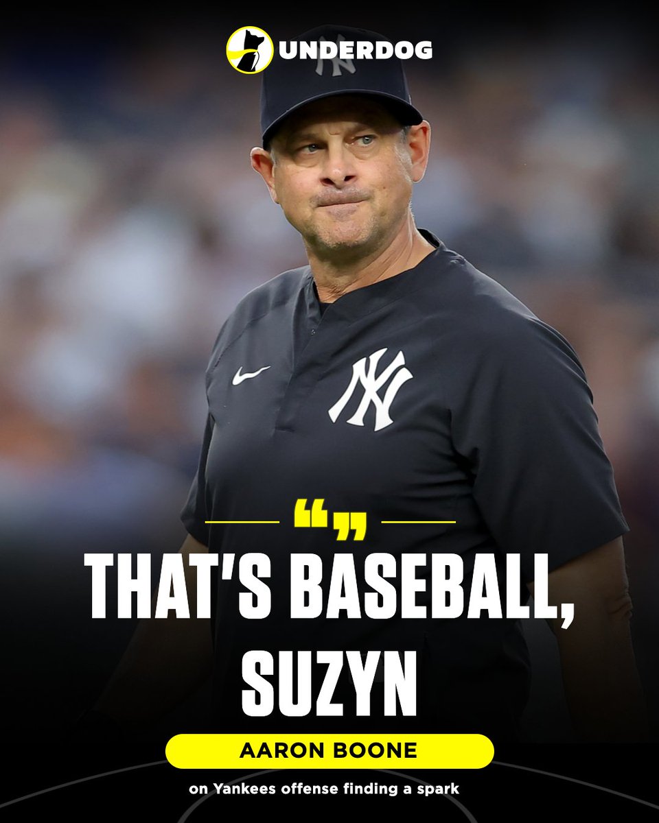 UnderdogMLB's tweet photo. Aaron Boone after Yankees scored 12 runs on Thursday:

"That's baseball, Suzyn."

First game they have scored more than 5 runs since June 17th. https://t.co/vXoQvlSyXr