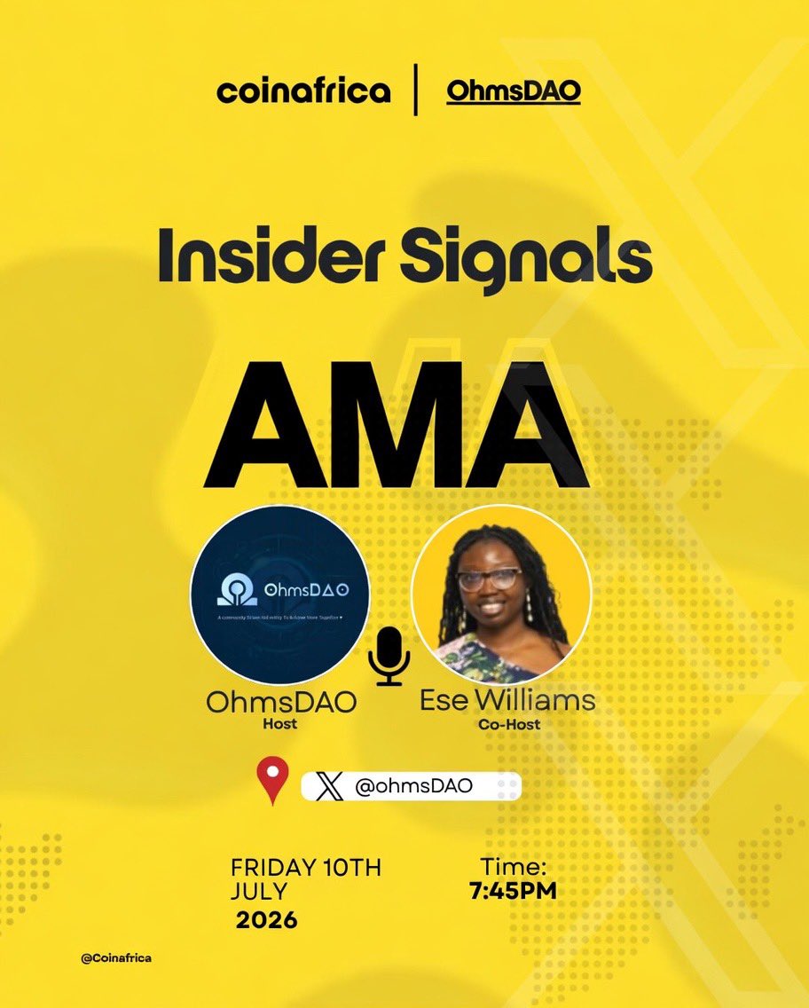 OhmsDAO's tweet photo. AMA ALERT: Meet the Team Behind CoinAfrica! 🎙️

The conversation you've been waiting for is finally here.

Join us tomorrow, 9th July, 2026, for an exclusive Ask Me Anything (AMA) session featuring CoinAfrica.

@coinafricax is one of the leading crypto media and Web3 growth platforms dedicated to telling Africa's blockchain story through trusted news, market insights, educational content, interviews, and ecosystem coverage.

This is the opportunity for those who are curious about the future of Web3 in Africa to join the conversation.

📅 Date: 9th July, 2026
🕰️ Time: 7:45pm WAT
📍Venue: https://t.co/HenKz47lQk