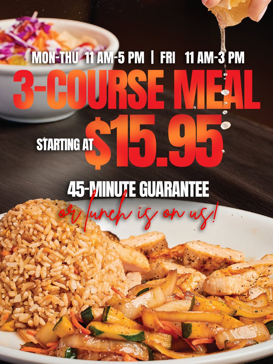 Benihana's tweet photo. 3 courses starting at just $15.95.

Monday–Thursday: 11AM–5PM | Friday: 11AM–3PM

Your lunch break deserves better. Reserve your table. https://t.co/U9tJe0gogg