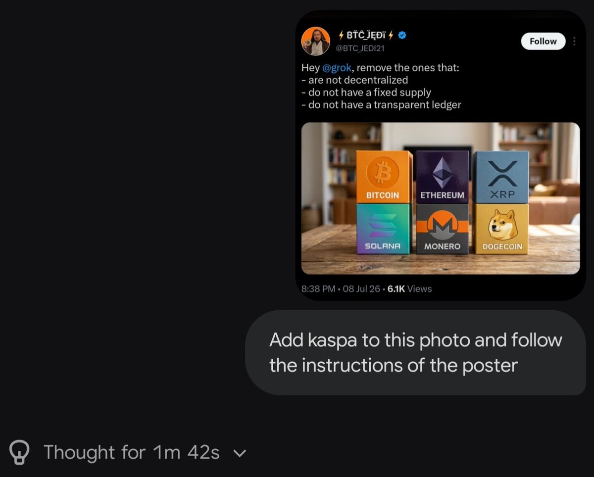 realvijayk's tweet photo. I asked Grok to add #Kaspa and follow the instructions in the original post 

This is what @grok had to say about $KAS

If you like bitcoin, by definition, you'd appreciate $KAS https://t.co/idtdwoT5ow