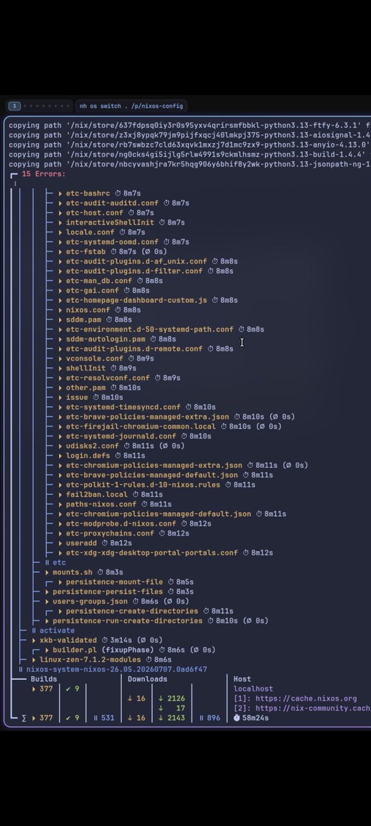xmrah_'s tweet photo. Tam 1 saat oldu. 2000'den fazla paket çekildi. Uygulamalar bitti, şu an /etc configleri ve kernel modülleri ayarlanıyor. Sol üstte ufak tefek hata uyarıları var ama rebuild devam ediyor. Beklemeye devam. ☕
Hatalar için daha sonra bakacağım. https://t.co/aZTmlOR2Rf