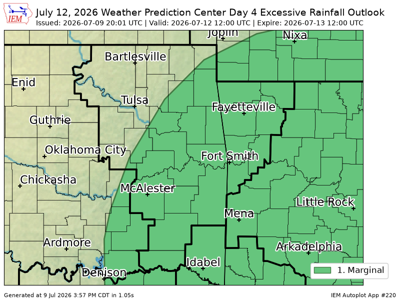 225AlertsAR's tweet photo. WPC issues Day 4 Marginal Risk Excessive Rainfall Outlook at Jul 9, 20:01z for TSA https://t.co/WZN2SeU34S https://t.co/TrI8earH2b