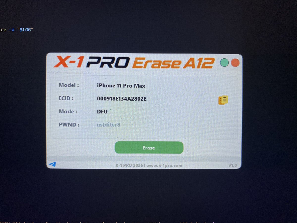 X_1_PRO's tweet photo. 🔥 X-1 PRO Erase A12/A13 V1.0 Release

🚀 Full Erase Solution for A12–A13 Devices (DFU Mode) Windows tool

🎗️ Supported Devices

✅ iPhone XS, XS Max, XR
✅ iPhone 11, 11 Pro, 11 Pro Max
✅ iPhone SE (2nd generation)
✅ iPad Air (3rd generation)
✅ iPad mini (5th generation)
✅ iPad (8th generation)
✅ iPad (9th generation)

⚡ How It Works

1️⃣ Put the device into DFU Mode.
2️⃣ Connect to X-1 PRO Erase A12/A13 (ECID is copied automatically).
3️⃣ Register the ECID with your reseller.
4️⃣ Perform the DFU exploit.
5️⃣ Reconnect the device and reopen the tool.
6️⃣ Start Erase and wait for the process to complete.

Professional service tool for supported Apple A12 & A13 iPhone and iPad devices.

Requirements

• RP2350 development board
• Recommended: Waveshare RP2350 USB-A

Features

🔹 Erase Device (for previously Hello-screen bypassed devices that become relocked, or erase Passcode/Disabled while keeping the current iOS version)
🔹 Full support for compatible Apple A12 & A13 iPhone and iPad devices