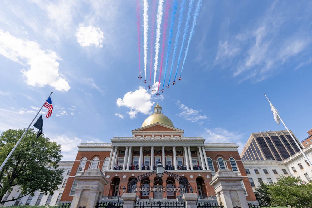 MassGovernor's tweet photo. The British are coming — and this time, no need to light the lanterns. 

Incredible flyover by the @RoyalAirForce this afternoon. Reminds us how far the United States and the United Kingdom have come over the past 250 years 🇺🇸🇬🇧 https://t.co/DI9N6RNEGr