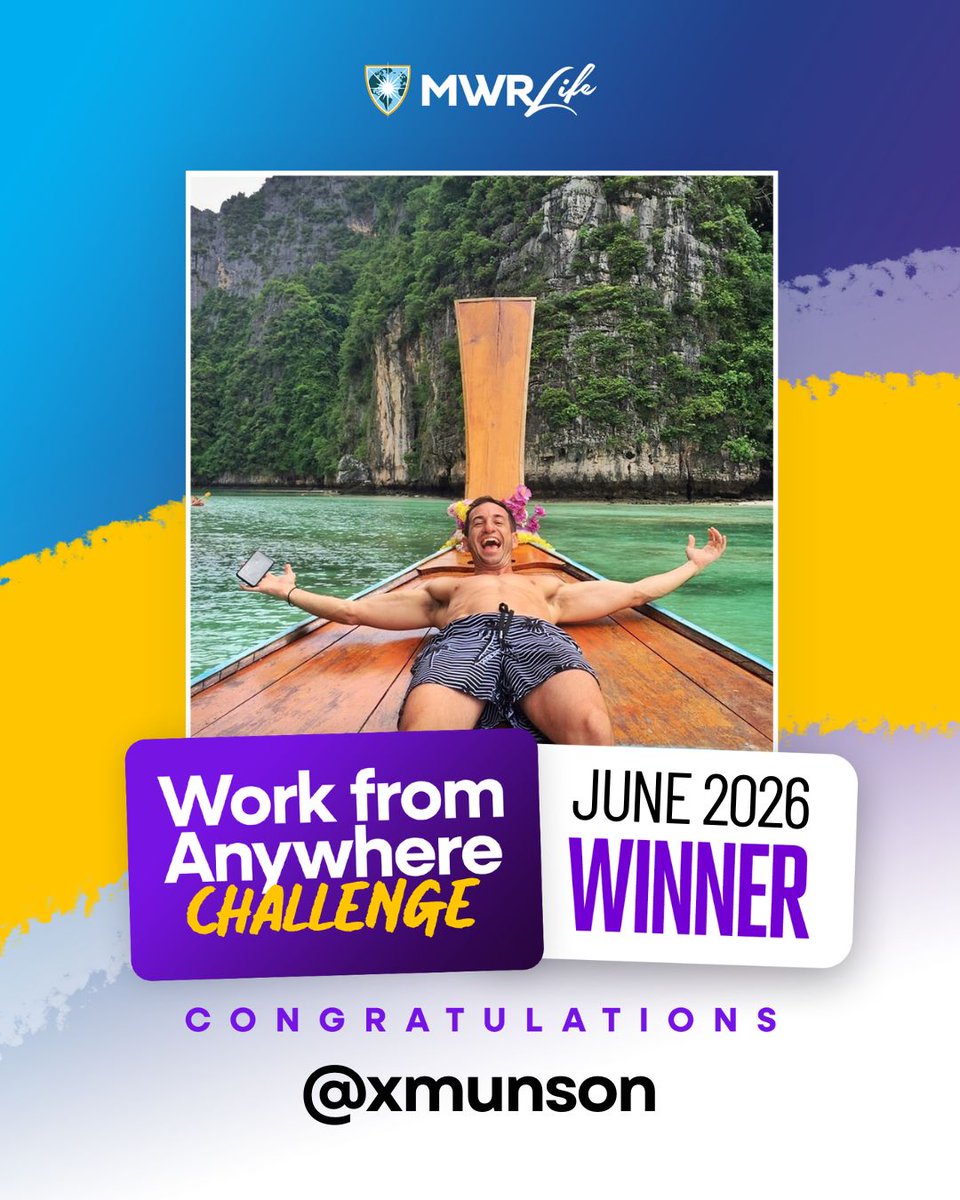 mwrlife's tweet photo. The results are in! 🗳️✨
Congrats to Stephen, the winner of our June 2026 #WorkFromAnywhereChallenge! Enjoy your 10,000 Travel Credits! We can’t wait to see where you set up your workspace next.
📲 Share your entry and join the challenge now!
#MWRLife #MakingWishesReal https://t.co/tC4M3vOxCb