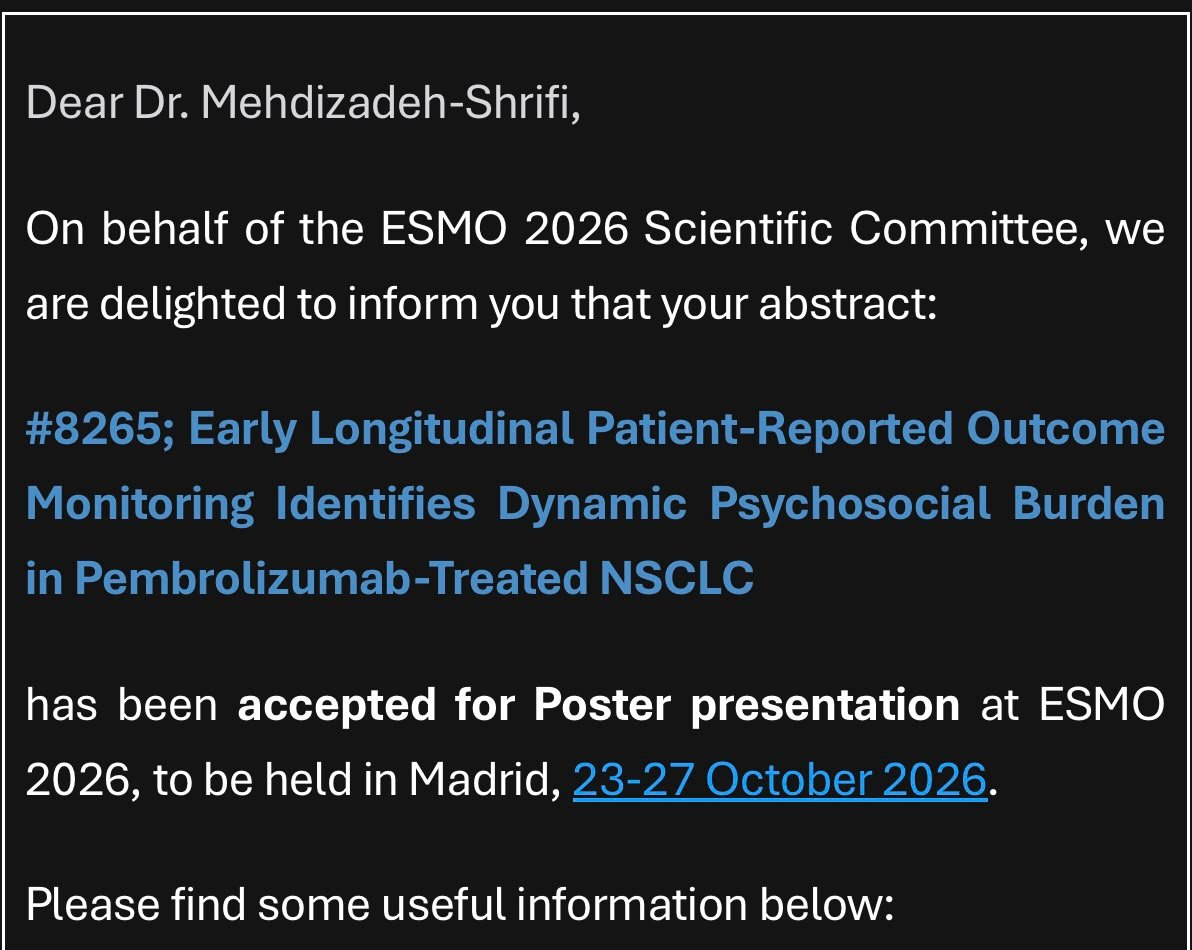 AmirMehdSh's tweet photo. Excited and grateful to present 3/3 abstracts at this year’s ESMO meeting. Thank you to @myESMO for highlighting our work on longitudinal quality-of-life outcomes in patients with NSCLC treated with ICI
Grateful to Heiko Golpon and Felix Lennartz from Hannover Medical School and the German Lung Center for their collaboration and support.
See you in Madrid! #ESMO #LungCancer #Immunotherapy #QualityOfLife