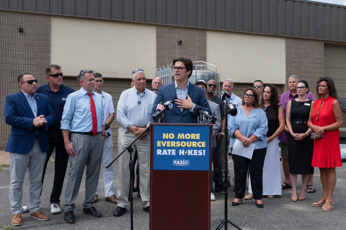 ryanfazio's tweet photo. NO MORE RATE HIKES: Connecticut families are bracing for the increase in utility costs that come with the summer heat. They cannot afford another double digit rate increase to their electricity bills, but that’s what they’re getting under Gov. Lamont.

I stood with state, local, and business leaders today, along with concerned residents, at Dasco Welded Products in Waterbury to call for relief from the energy costs burdening Connecticut families and industries, already the second highest in the nation. 

Meanwhile, the governor is releasing ads claiming he’ll “hold the utilities accountable” if given another four years to do the job he’s failed at for eight years already.

Connecticut families deserve leadership that will cut electricity bills, allowing them to stay in their homes, just like businesses should continue to grow their workforce and boost our state’s economy.