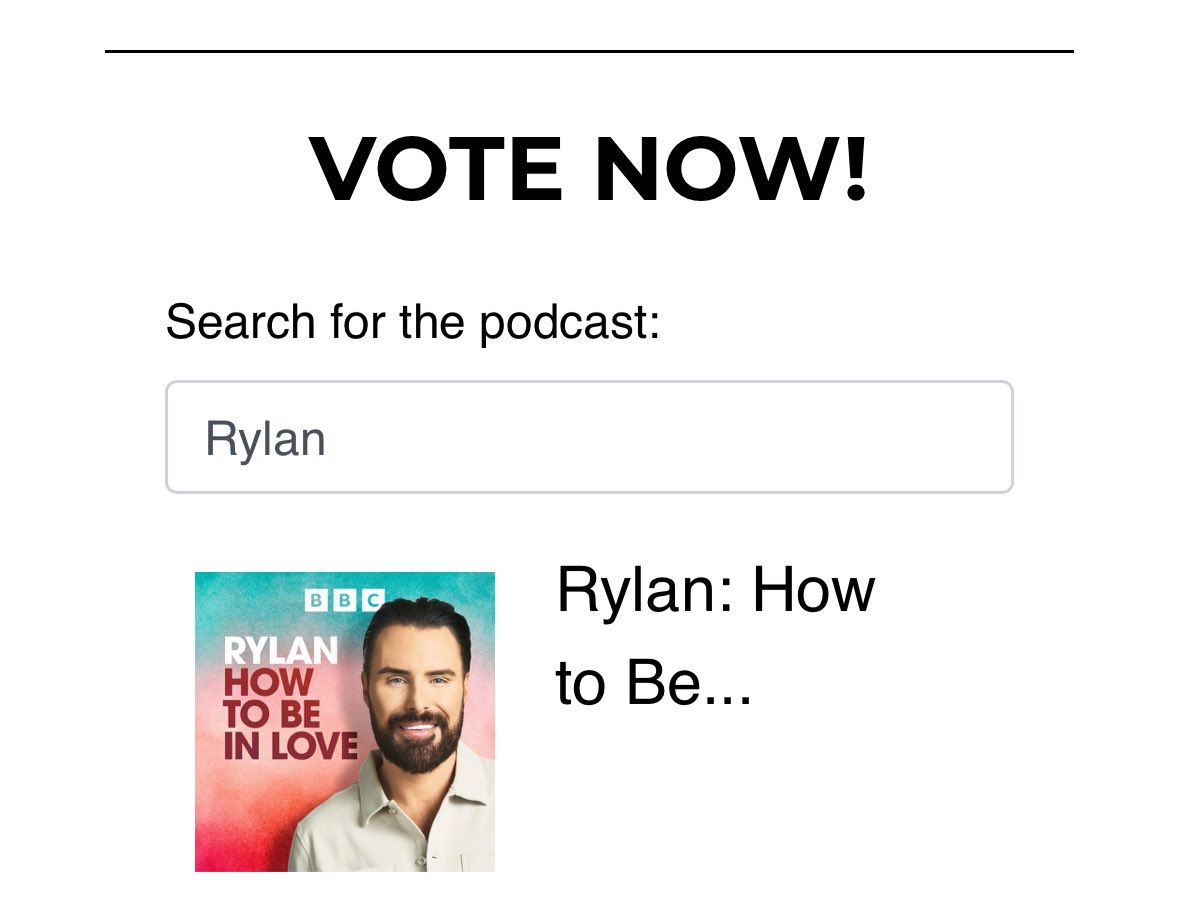 UpdateWithRylan's tweet photo. Now’s your chance to vote for @Rylan’s podcast  “How to be in love” at the #BritishPodcastAwards  📻 

Vote here - https://t.co/70uJGHeujl

Voting closes July 23rd 

(Please make sure to click the link you’re emailed after you’ve voted for it to be verified) https://t.co/ZGgztfpydo