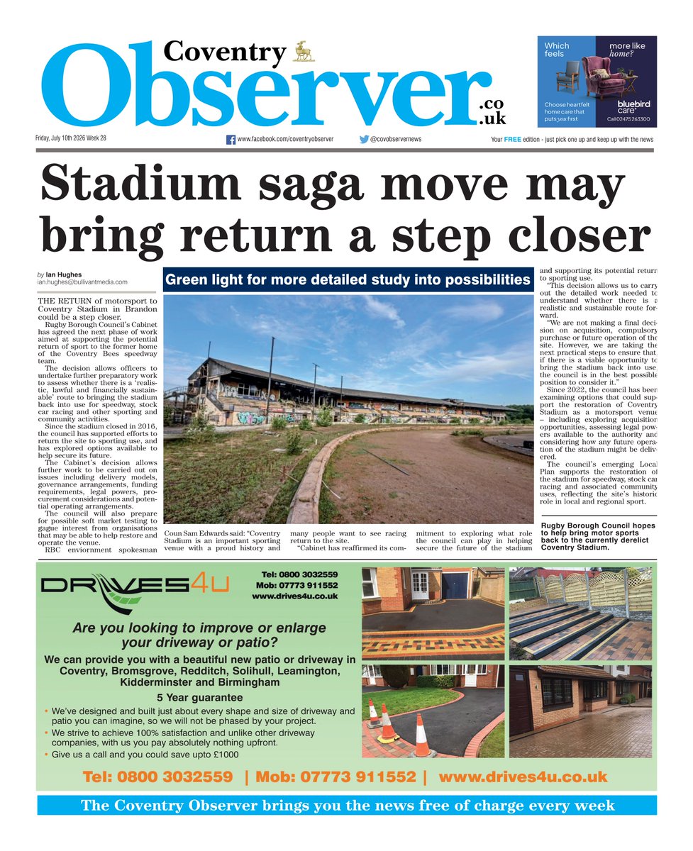 AndyGibsonTV's tweet photo. "STADIUM SAGA MOVE MAY BRING RETURN A STEP CLOSER"
Ian Hughes for @CovObserverNews
The return of motorsport to Coventry Stadium in Brandon could be a step closer after Rugby Borough Council have agreed to the next phase of the operation.
#CoventryObserver
#TomorrowsPapersToday