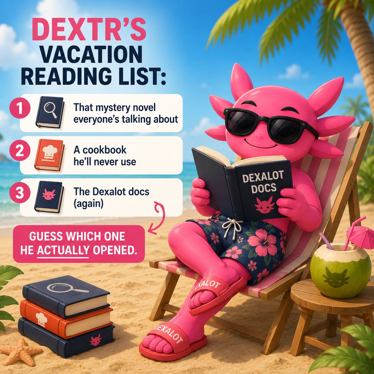 dexalot's tweet photo. Dextr's vacation reading list:

1. That mystery novel everyone's talking about
2. A cookbook he'll never use
3. The Dexalot docs (again)

Guess which one he actually opened. https://t.co/5IWF9uRuub