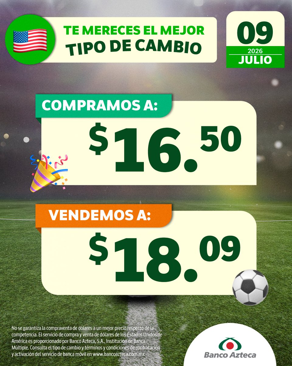 BancoAzteca's tweet photo. En la cancha del #TipoDeCambio, Banco Azteca siempre marca el mejor precio en dólares 😉 ¿Listo para ganar? ⚽ 🏆📊
Conoce todos los detalles: https://t.co/jGZcSmS5lN #Dólar #Divisas https://t.co/DLCmgfU3cp