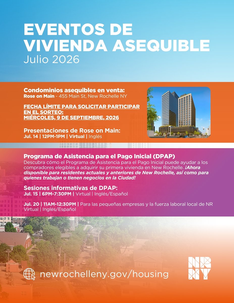 NewRochelleNY's tweet photo. Join us at these upcoming affordable housing events:

07/14 @ Noon: Rose on Main Virtual Presentation
07/15 @ 6PM: DPAP Virtual Info Session
07/20 @ 11AM: DPAP Virtual Info Session for NR Small Businesses

RSVP and find more housing events and info at https://t.co/xvh7OZzlrU https://t.co/JOO6kri5vj