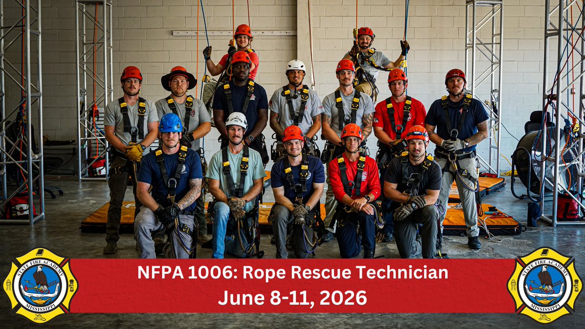 MSFireAcademy's tweet photo. Rope A & O is just the starting point, NFPA 1006: Rope Rescue Technician builds on that knowledge. The students were introduced topics such as: pick-offs, fall protection, patient packaging, & knot passing. #MSFA https://t.co/N58vpvoVkP