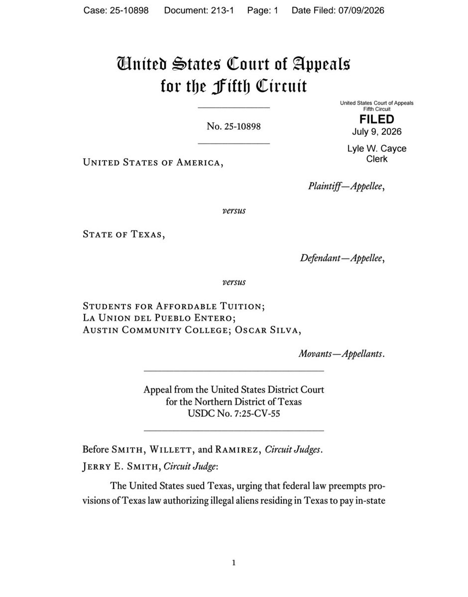scotus_wire's tweet photo. 🚨 In a 2-1 vote, the Fifth Circuit ruled Texas cannot offer in-state college tuition to undocumented immigrants under its Dream Act, holding federal law overrides the state policy. https://t.co/AtBXjaIZJK