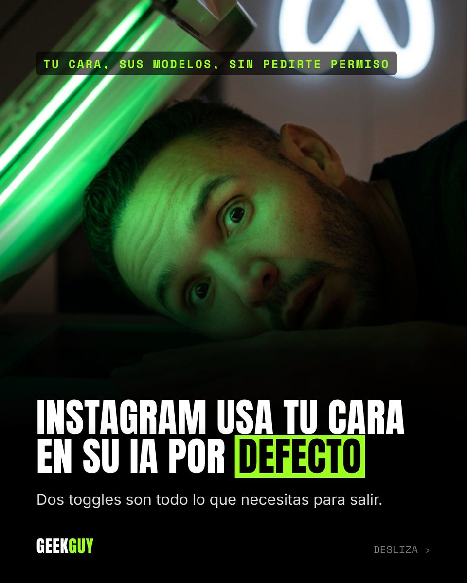 soygeekguy's tweet photo. Meta activó Muse Image, y por defecto ahora cualquiera pueda usar tu cara en su IA — sin pedirte permiso. La salida son dos toggles que la mayoría no sabe que existen.

#PrivacidadDigital #MetaAI #Instagram #InteligenciaArtificial #NoticiasIA #IALatam #SoyGeekGuy https://t.co/T7oeENzXHW