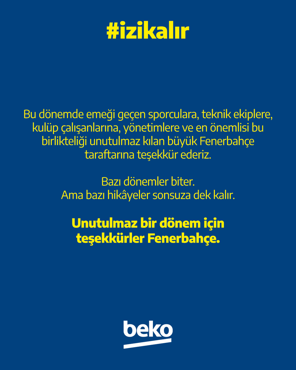 bekoturkiye's tweet photo. Bugün bir dönemin sonuna gelirken kalbimizde bir veda değil; birlikte yazılmış unutulmaz bir hikâye var.

Beko olarak Fenerbahçe Basketbol ile aynı hedefe ve aynı hayale inandık. Sadece bir isim sponsoru olmadık; Fenerbahçe Basketbol tarihinin unutulmaz bir dönemine birlikte imza attık. 

Avrupa'nın zirvesine çıktık. Türk basketbolunda ilk kez yaşanan Quadruple başarısını birlikte kutladık. 

Unutulmaz geri dönüşler, son saniye basketleri ve muhteşem zaferler ile salonları ayağa kaldırıp 8 yıl boyunca 11 kupa kazanarak birlikte bir hikâye yazdık.

Bu hikayenin en güzel tarafı ise bütün bu başarıları büyük Fenerbahçe taraftarıyla birlikte yaşamış olmamızdı.