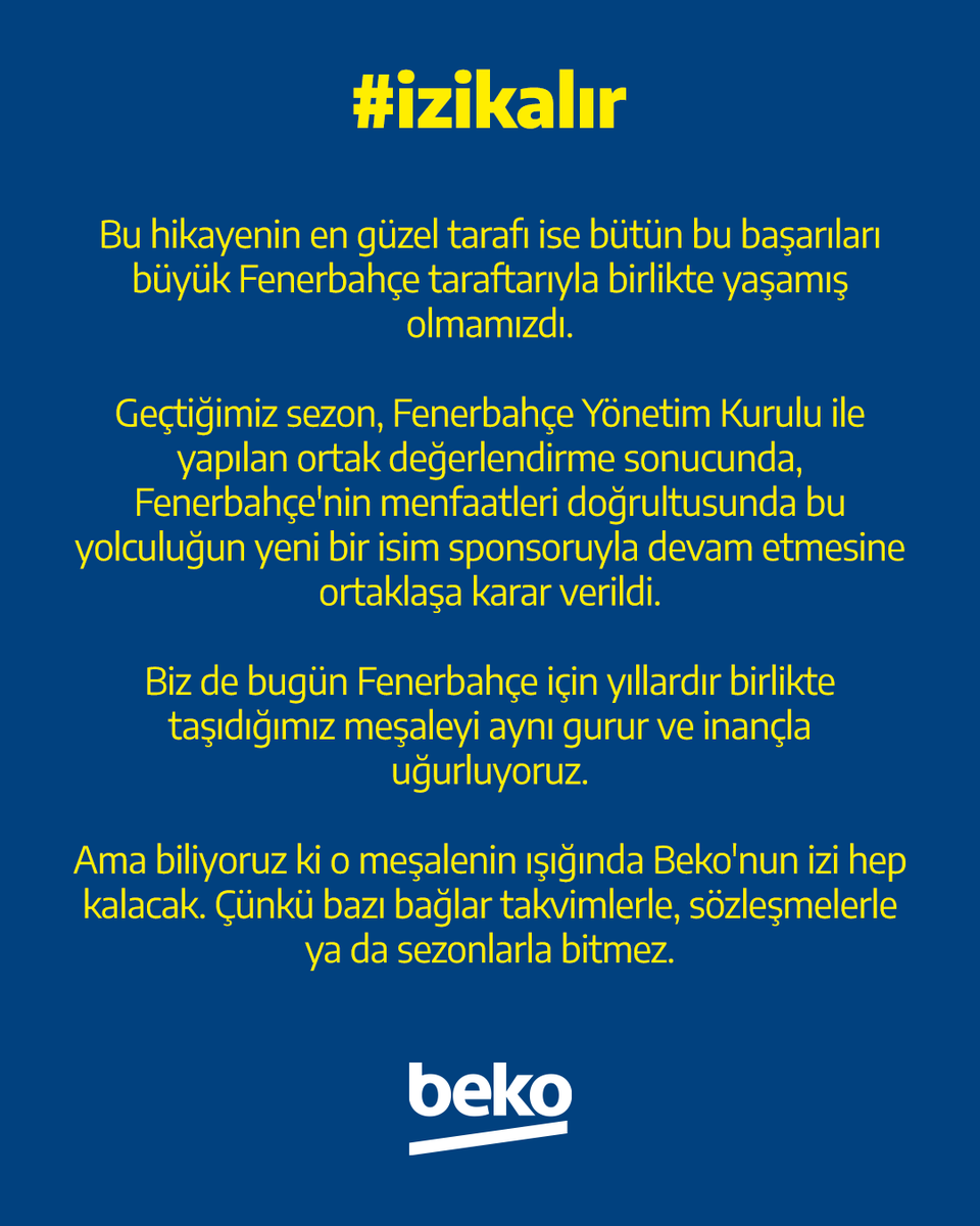 bekoturkiye's tweet photo. Bugün bir dönemin sonuna gelirken kalbimizde bir veda değil; birlikte yazılmış unutulmaz bir hikâye var.

Beko olarak Fenerbahçe Basketbol ile aynı hedefe ve aynı hayale inandık. Sadece bir isim sponsoru olmadık; Fenerbahçe Basketbol tarihinin unutulmaz bir dönemine birlikte imza attık. 

Avrupa'nın zirvesine çıktık. Türk basketbolunda ilk kez yaşanan Quadruple başarısını birlikte kutladık. 

Unutulmaz geri dönüşler, son saniye basketleri ve muhteşem zaferler ile salonları ayağa kaldırıp 8 yıl boyunca 11 kupa kazanarak birlikte bir hikâye yazdık.

Bu hikayenin en güzel tarafı ise bütün bu başarıları büyük Fenerbahçe taraftarıyla birlikte yaşamış olmamızdı.