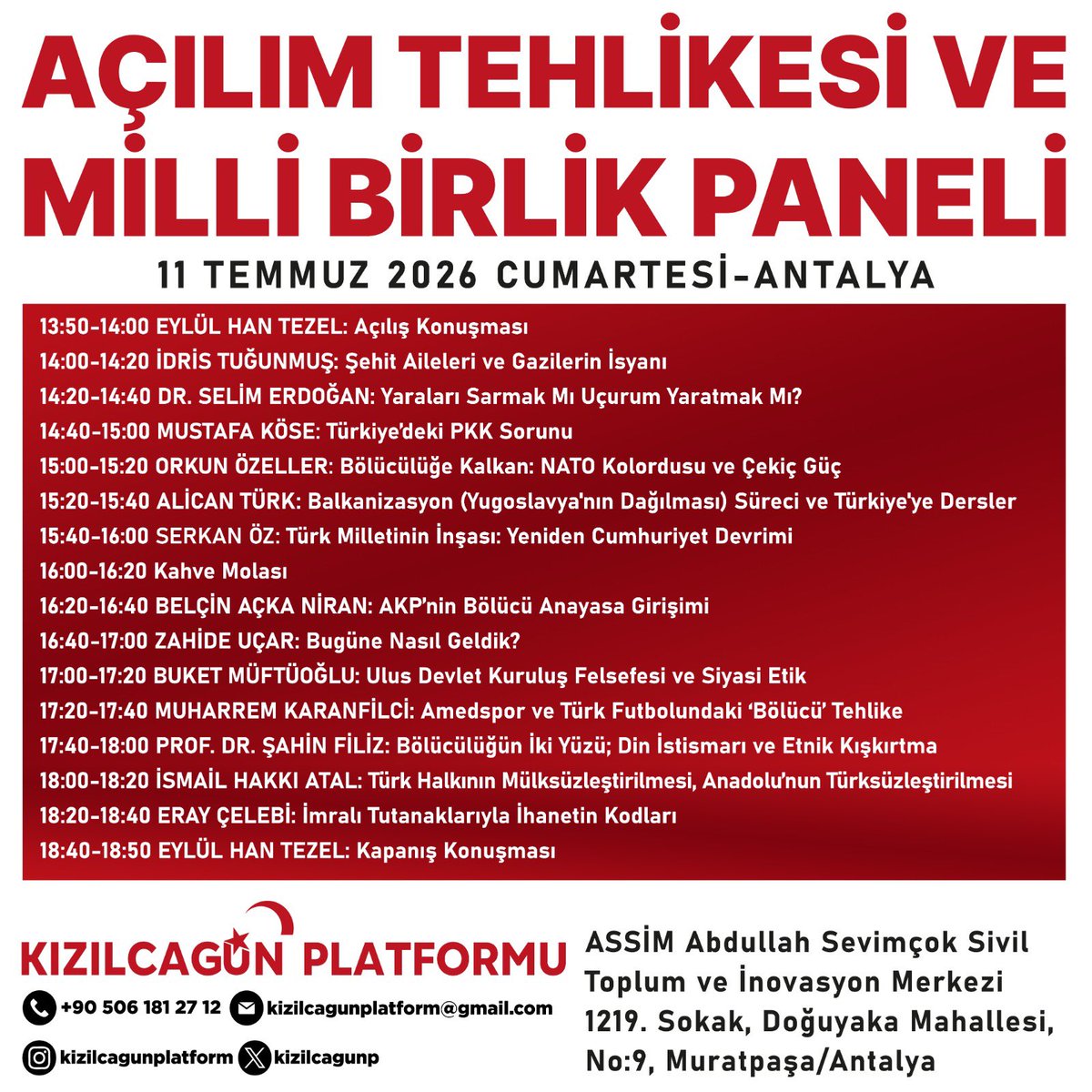 AvukatBelcin's tweet photo. @kizilcagunp Gazi İdris Tuğunmuş

Muharip ve İç Güvenlik Gazileri, Harp Malulleri ve Dul Yetimleri Derneği (MİGAZİDER) Genel Başkanı

11 Temmuz Cumartesi günü Kızılcagün Platformu Antalya'da olacaktır.

Tüm vatanseverleri bekliyoruz.

(Giriş ücretsizdir)

@kizilcagunp https://t.co/CrQjbX86Te