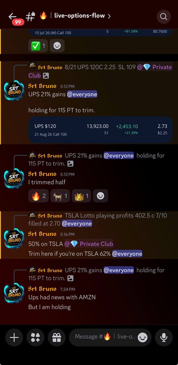 SRTBrunooo's tweet photo. 7/9 RECAP

$SMCI 28.5C +40%
$WULF 23C +73%
$TSLA 402.5C +62%
$UPS 120C +20%
$SPXW 7,480P +200%
$SPXW 7,430P ❌ 
$MSFT 385C sold at BE https://t.co/A2sgiIFS50