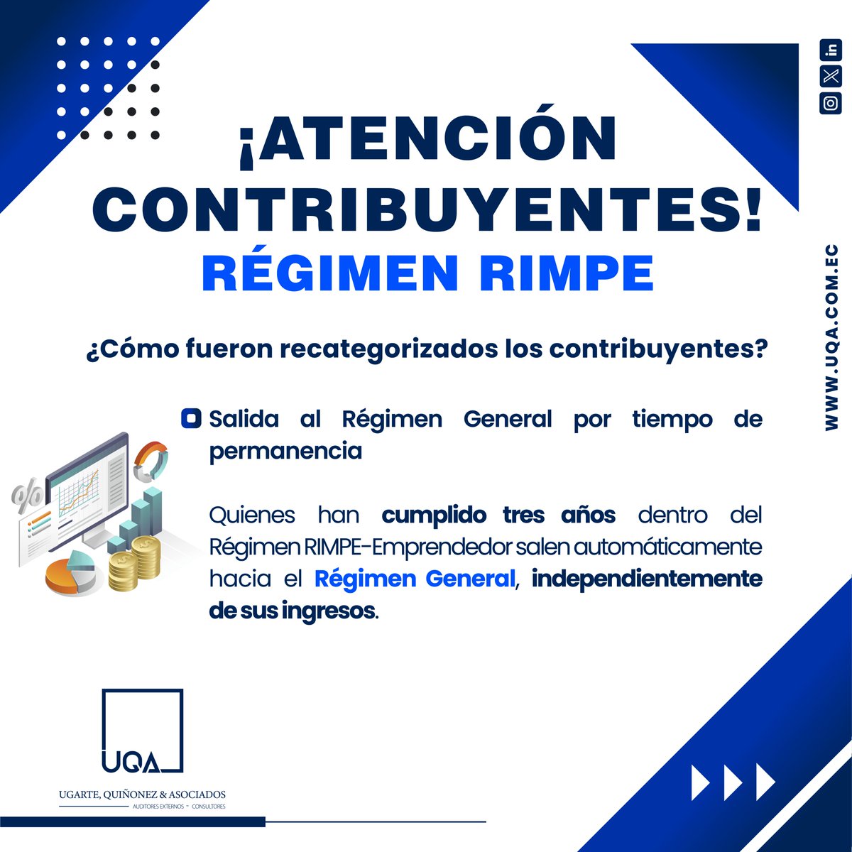 UQA_EC's tweet photo. ¿QUÉ ES LA RECATEGORIZACIÓN?
Es un ajuste automático que el SRI realiza periódicamente cruzando la información de ventas facturadas, actividad económica y tiempo de permanencia de cada contribuyente. 

Léelo completo en nuestra web 👇
🌐https://t.co/VcwdDBCrwT

#SomosUQA #rimpe https://t.co/gnJcoKRyrA