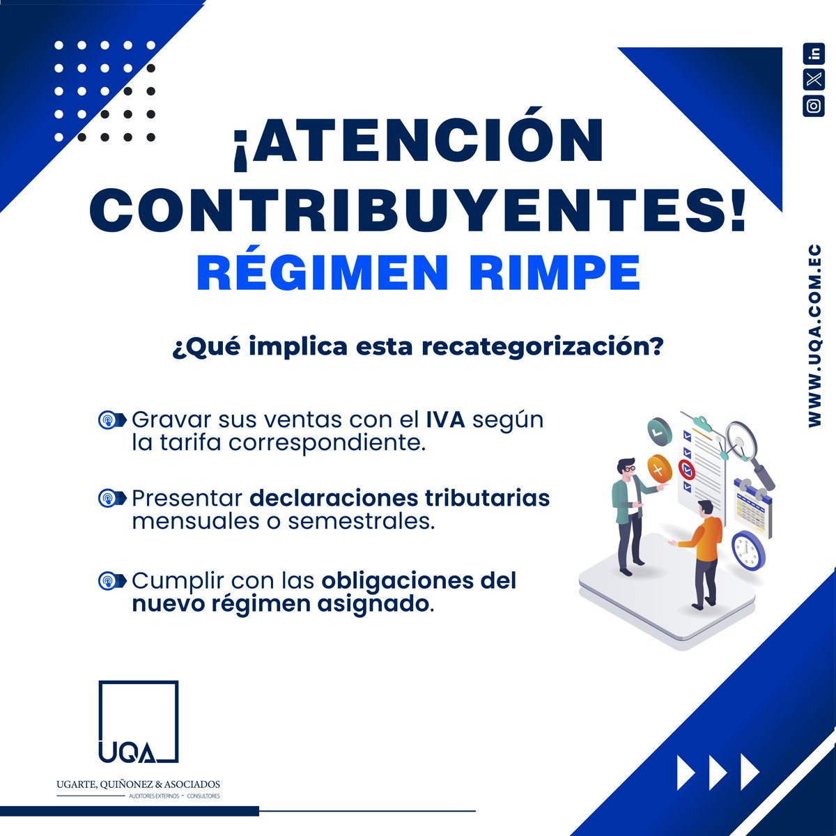 UQA_EC's tweet photo. ¿QUÉ ES LA RECATEGORIZACIÓN?
Es un ajuste automático que el SRI realiza periódicamente cruzando la información de ventas facturadas, actividad económica y tiempo de permanencia de cada contribuyente. 

Léelo completo en nuestra web 👇
🌐https://t.co/VcwdDBCrwT

#SomosUQA #rimpe https://t.co/gnJcoKRyrA