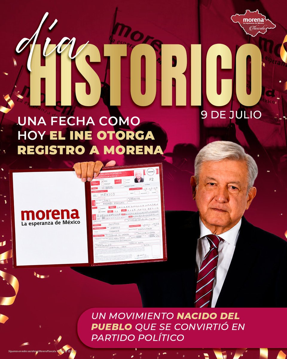 morena_tlaxcala's tweet photo. ✨¡Desde Morena Tlaxcala celebramos este día histórico!🥳

El 9 de julio de 2014, Morena obtuvo su registro como partido político, dando inicio a una nueva etapa en la vida democrática nacional.🇲🇽

#MorenaTlaxcala https://t.co/B13D0yOr3t