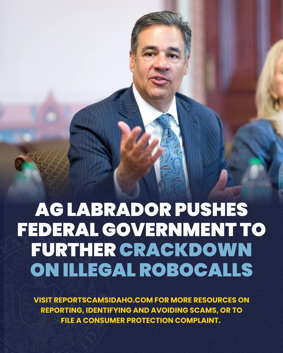 Raul_Labrador's tweet photo. Idahoans are tired of scammers swindling their families and flooding their phones with non-stop robocalls. 

I’m calling on the FCC to strengthen rules that would cut off scammers’ access to legitimate telephone numbers. Without that access, scammers can’t use real numbers to deceive and scam Americans.

My Consumer Protection Division works daily to educate people on how to avoid scams, but we need to hold telecom providers accountable at the source for allowing that illegal traffic in the first place. I am urging the FCC strengthen its rules to cut off scammers before they can target Idaho families.