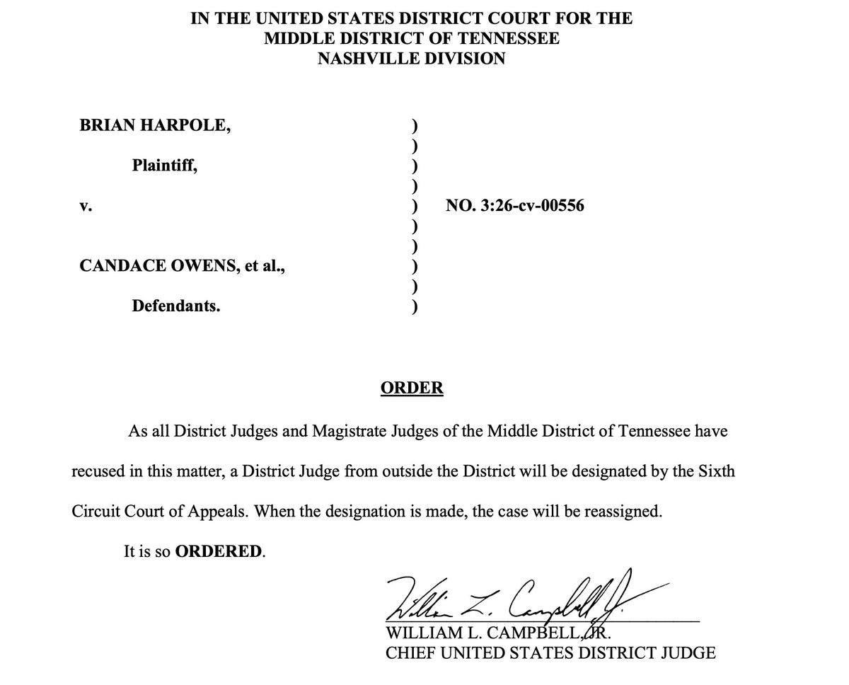 realstewpeters's tweet photo. An entire federal district bench — every district judge and every magistrate judge from the Middle District of Tennessee — just recused themselves from Brian Harpole’s defamation lawsuit against Candace Owens and Mitch Snow without stating a reason.

Holy shit. https://t.co/amtgEkZxpr