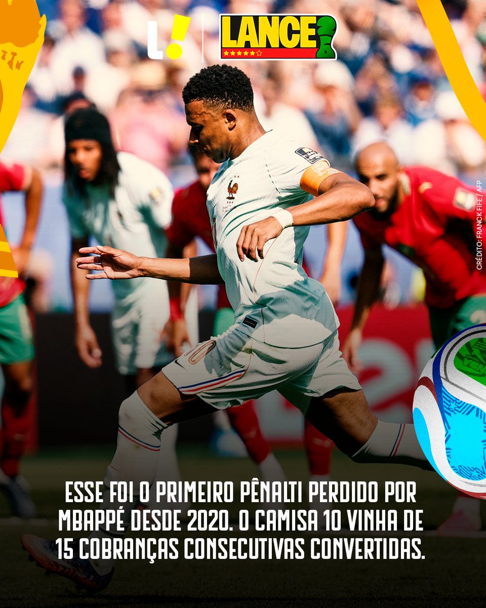 lancenet's tweet photo. FOI UMA SURPRESA PARA TODOS! 😲
O pênalti perdido por Mbappé contra o Marrocos foi algo raro na carreira do atacante. O francês não sabia o que era desperdiçar uma cobrança desde a Euro 2020, quando parou em Sommer na disputa contra a Suíça. ⚽❌
Será que esse lance vai fazer falta para a França?
#Redes7 #LanceInforma #LanceCopa