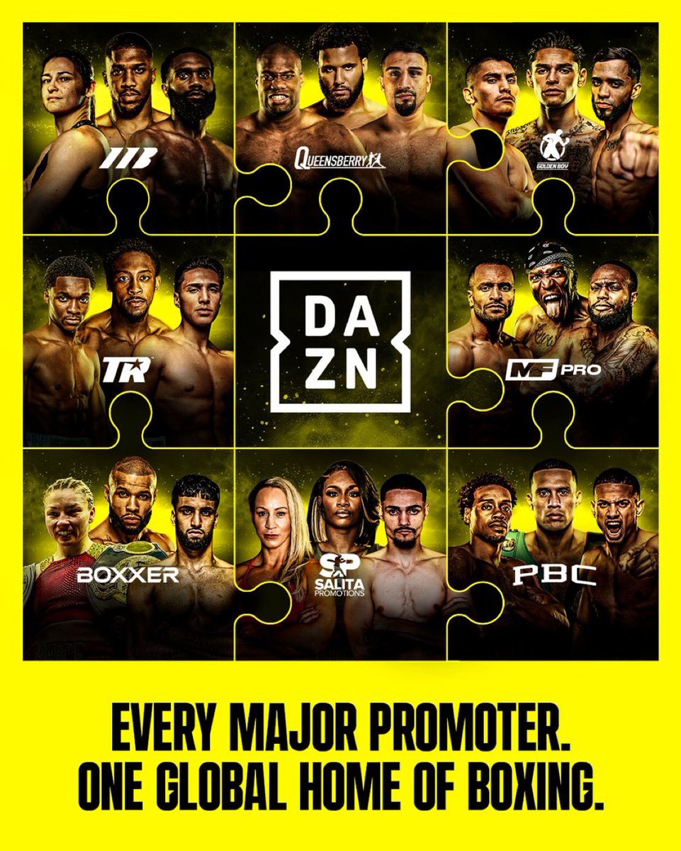AdamsBoxingShow's tweet photo. As you can see in this graphic, DAZN is the official hub for the modern era of boxing. Congratulations to them for making it happen. Let’s hope it breeds great co-promotional fights for the foreseeable future. My only criticism of DAZN would be the production and the music. https://t.co/Tze43Cxjxt