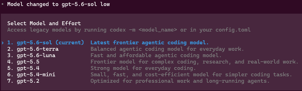 mine_take's tweet photo. GPT-5.6 Solが使える様になった！
#Codex https://t.co/MFvFXQiqNi