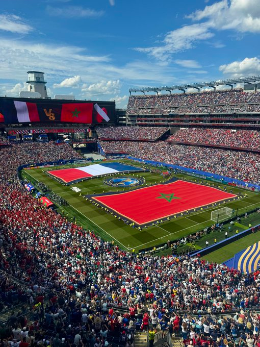 USAS_WW1's tweet photo. #FRAvsMOR #FRAMOR #FIFAWorldCup #WorldCup2026: France vs. Morocco quarter final in Boston. Morocco is the first ever World Cup team to ever field 11 foreign born players, with the largest number from France and Spain! That was a few games ago. I'm not sure about today. 🇫🇷🇲🇦⚽️ https://t.co/2Myvti3Nxs