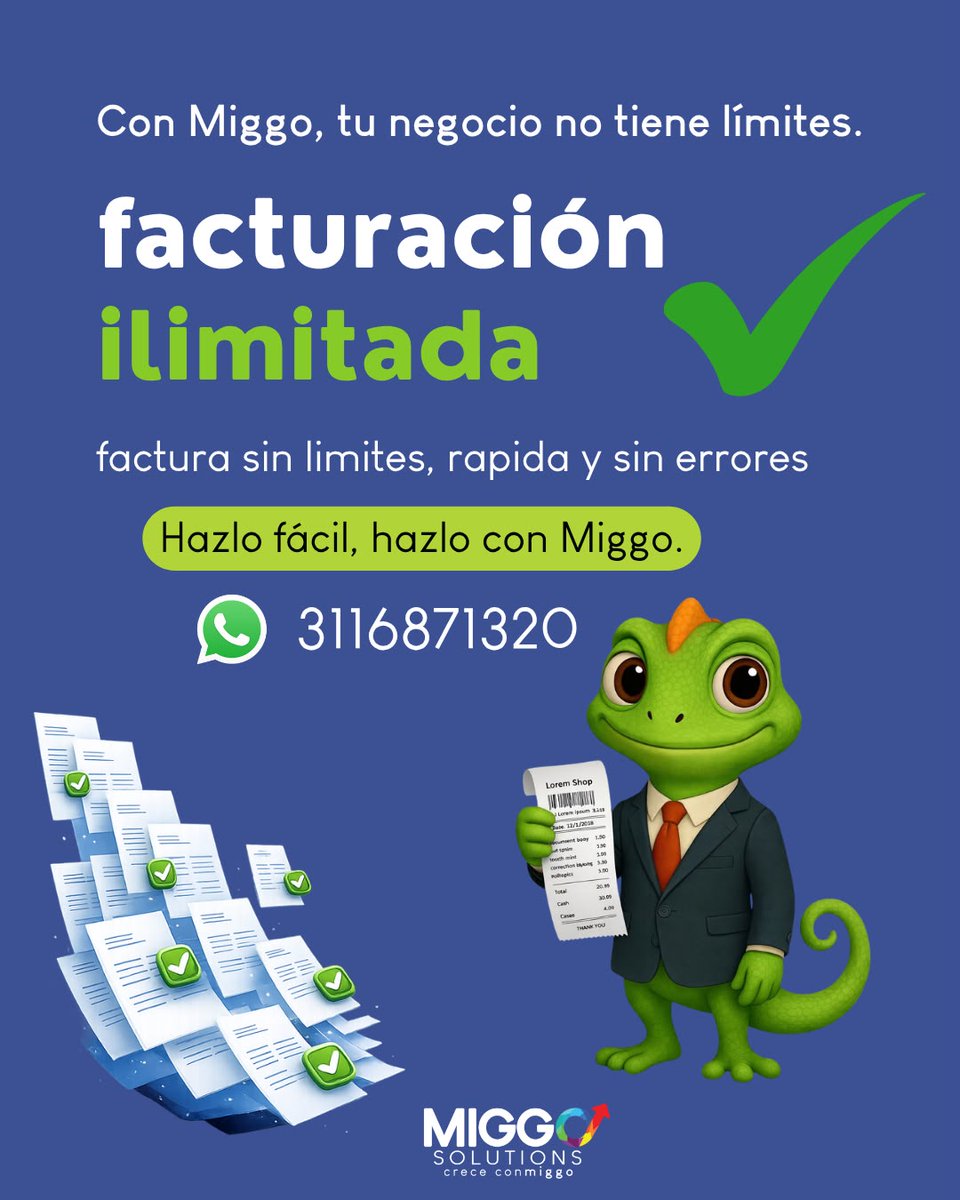 MiggoSolutions's tweet photo. 🧾Factura las veces que quieres con MIGGO 💙✅.
#miggosolutions #factura #colombia https://t.co/14jDzZCKW5