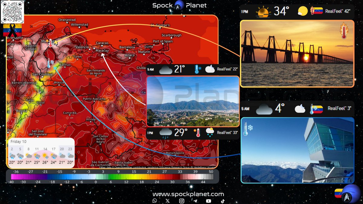 Spockplanet's tweet photo. #Temperaturas | Temperaturas del aire a nivel de superficie para Venezuela 🇻🇪 a las 2 PM del 10 de julio de 2026.

Se observarían máximas 🔥 entre los 29° y los 34° desde Zulia hasta Monagas. Amazonas se vería con temperaturas cercanas a los 32°.

Caracas se vería de parcial a mayormente nublada con máximas🔥 de 29° y sensación térmica de 32° a la 1 PM así como mínimas❄️ de 21° y sensación térmica de 22° a las 5 AM. Además, en la mañana, la temperatura oscilaría entre los 23° y los 28° pasadas las 11. La tarde se mantendría entre los 29° y los 26°. Llegada la noche, oscilaría entre los 26° y  23° hasta las 11.

La temperatura mínima❄️ a nivel nacional se daría en Apartaderos, Mérida con 4° y sensación térmica de 3° a las 5 AM con cielos nublados y lluvias mientras que la máxima🔥 será de 34° con sensación térmica de 42° en Maracaibo, Zulia a la 1 PM con cielos parcialmente nublados.

Forecaster: Spock 🖖

Escala: proyectada en grados Celsius.
Data: Windy / GFS model.
🌐 Visítenos en https://t.co/HSXEKCEDkz
📺 YouTube: https://t.co/TfVZmBBk2y
💬 WhatsApp: https://t.co/MlEjKwzJts