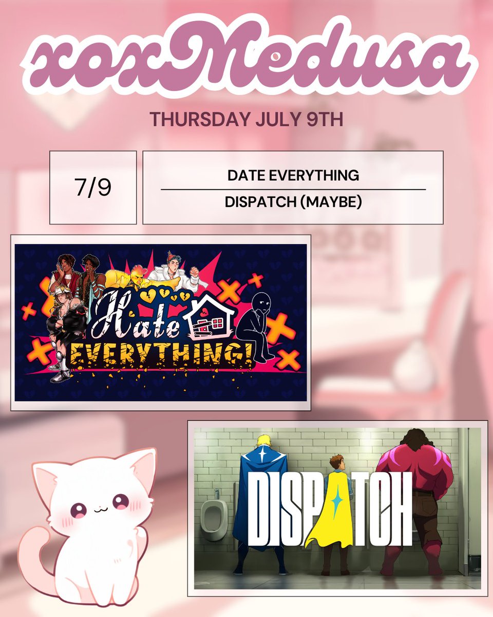 xoxmedusaTTV's tweet photo. GOING LIVE SOON
Thursday night stream
7/9 6PM - 10PM CST
Day 2 of doing a Hate Everything run! Maybe a little Dispatch after??
Come say hello (หถห แต หหถ)
https://t.co/inzIzRhEKL
#DateEverything #HateEverything #PNGTuber https://t.co/ni6pgo0mf8