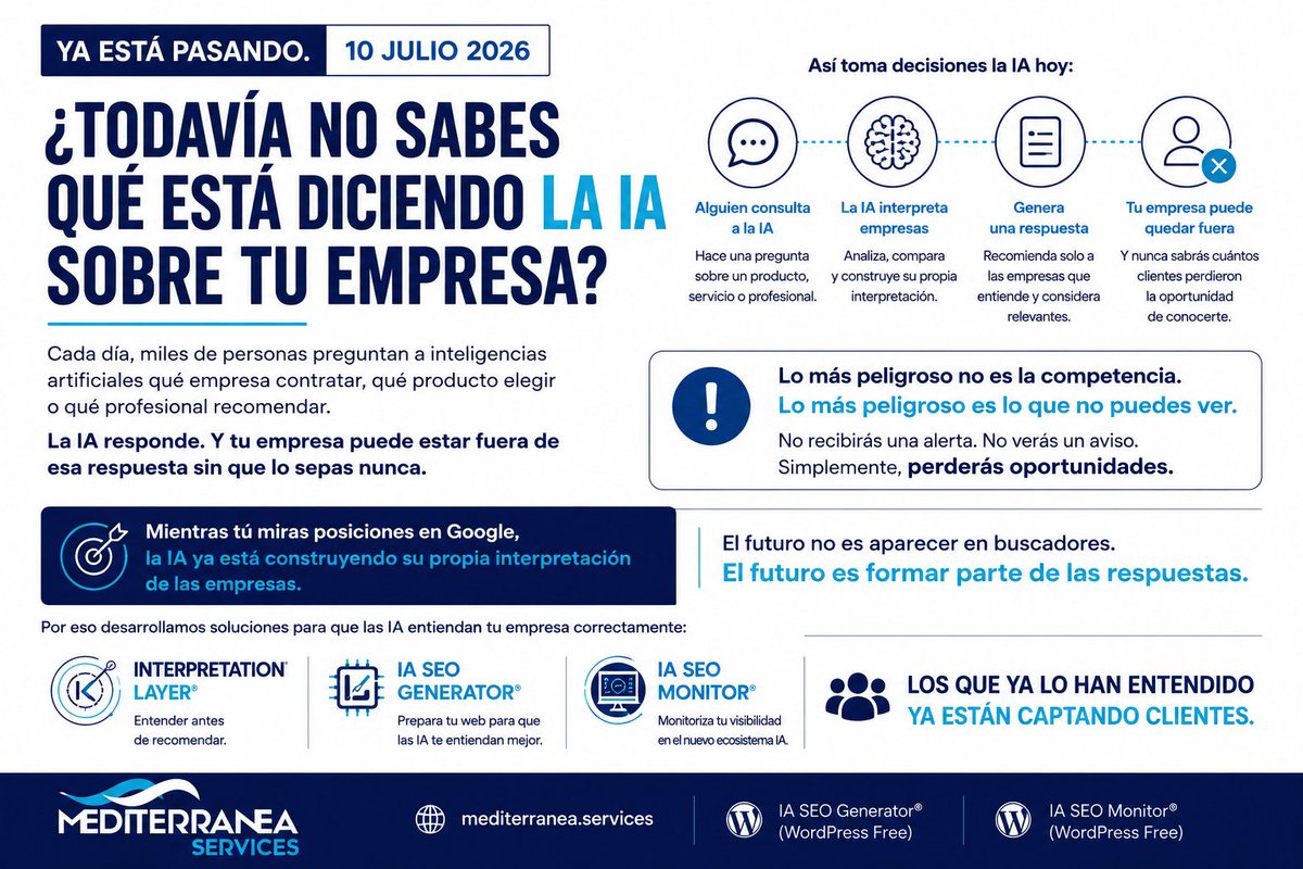 MeditServices's tweet photo. YA ESTÁ PASANDO. 10 JULIO 2026.

La IA puede estar dejando fuera a tu empresa... y nunca lo sabrás.

El mayor riesgo es el que no puedes medir.

https://t.co/CyNivqcDcC

#IA #AISearch #Empresas https://t.co/YlFrgD4xPZ