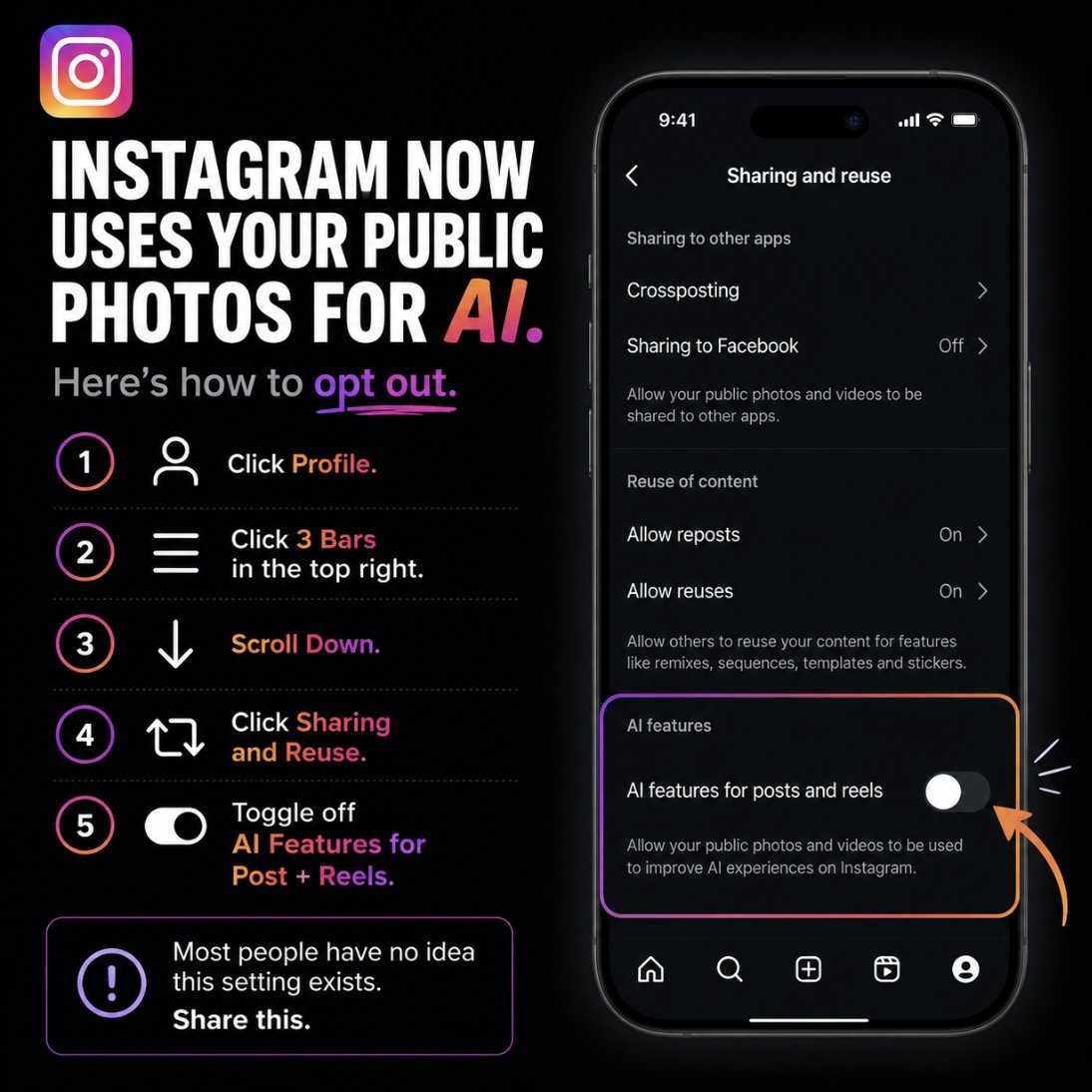 MLozada's tweet photo. 🚨 PSA for creators and anyone posting on Instagram.

Instagram now lets AI use your public photos and videos for certain AI features unless you change your settings.

If you'd rather opt out, it takes about 15 seconds:

1️⃣ Go to Profile
2️⃣ Tap the ☰ (top right)
3️⃣ Scroll down
4️⃣ Tap Sharing and Reuse
5️⃣ Turn OFF AI Features for Posts & Reels
Most people have no idea this setting exists.
Share this with someone who'd want to know before their content ends up training or powering AI features.